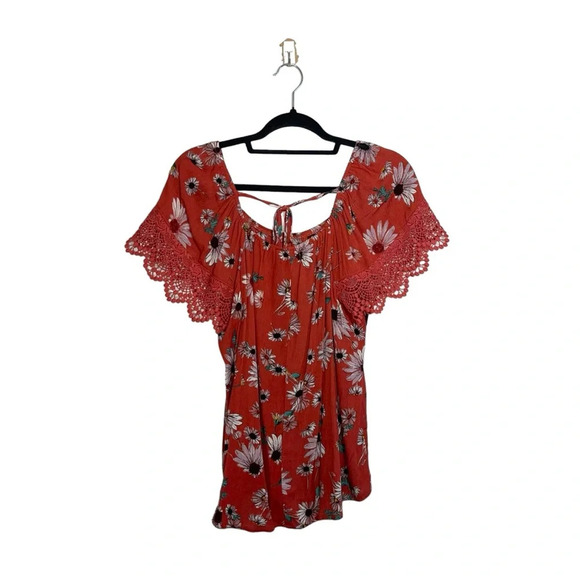 Maurices Burnt Orange Sunflower Print Lace Sleeve Tie Back Top Medium Women’s - Picture 6 of 12